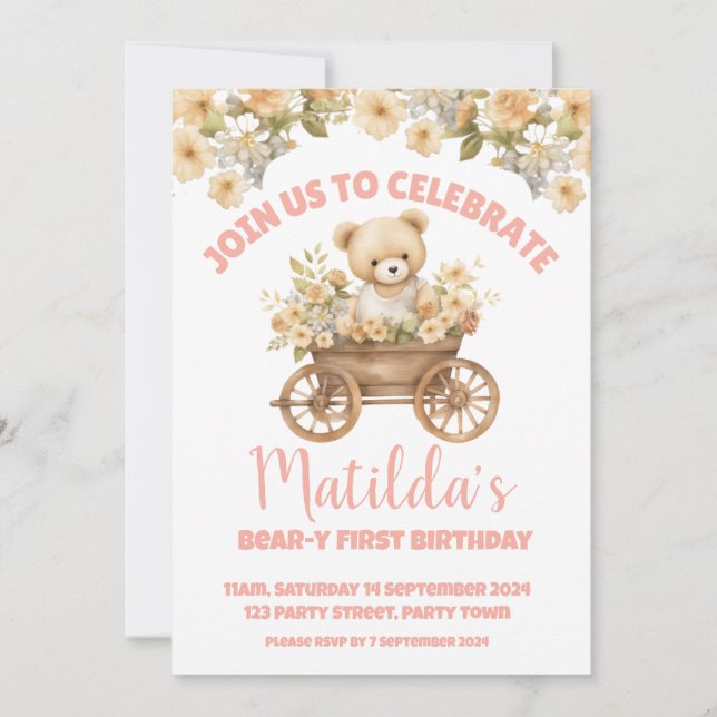 Teddy Bear Fleur sauvage Floral Invitation d'anniv (Devant)