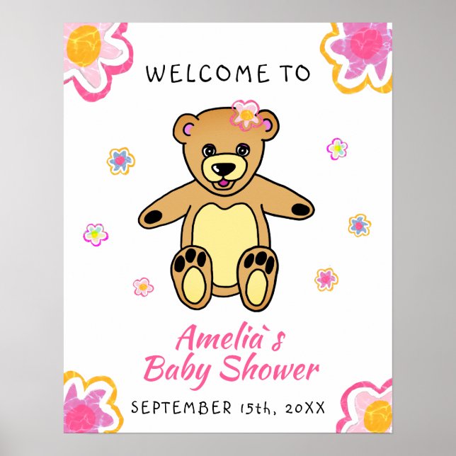 Teddy Bear Flower Floral Baby shower Affiche de bi (Devant)