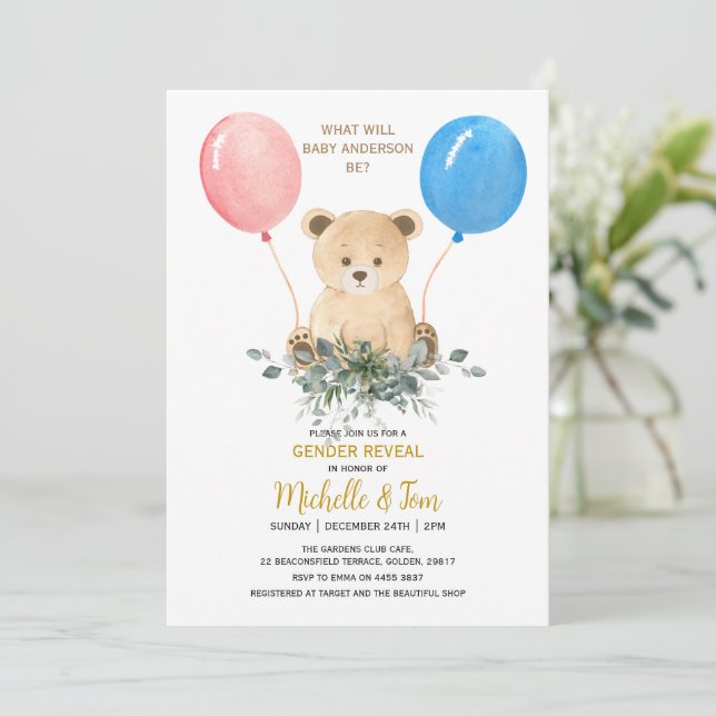 Teddy Bear Genre Reveal Party Invitation (Debout devant)