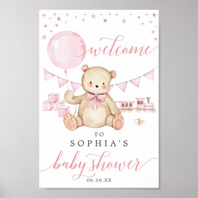 Teddy Bear Girl Baby shower Affiche de bienvenue (Devant)