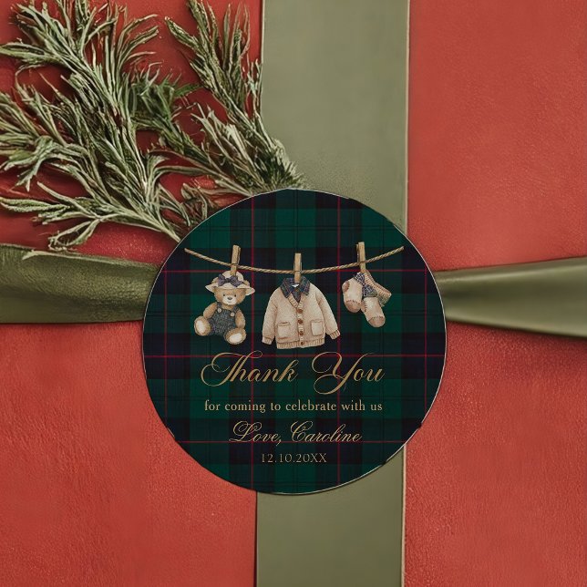 Teddy Bear Green Tartan Baby Shower Sticker (Créateur téléchargé)