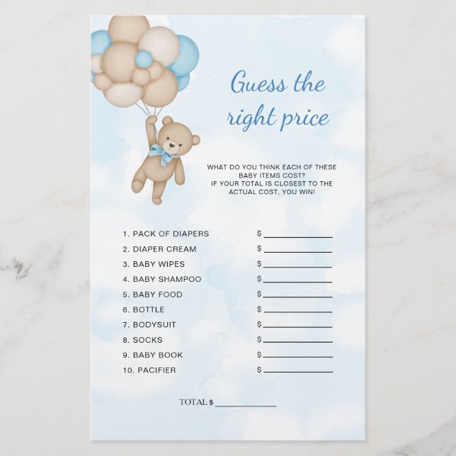 Teddy Bear Guess The Price Baby Shower Game (Devant)