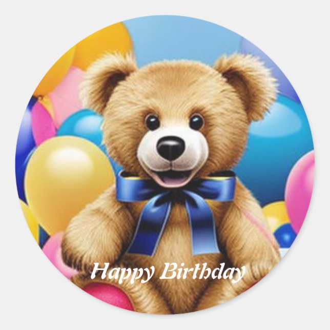 Teddy Bear Happy Birthday Classic Round Sticker (Devant)