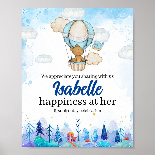 Teddy Bear Hot Air Balloon girl birthday Poster (Devant)