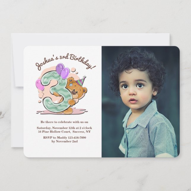 Teddy Bear Invitation photo de trois ans (Devant)