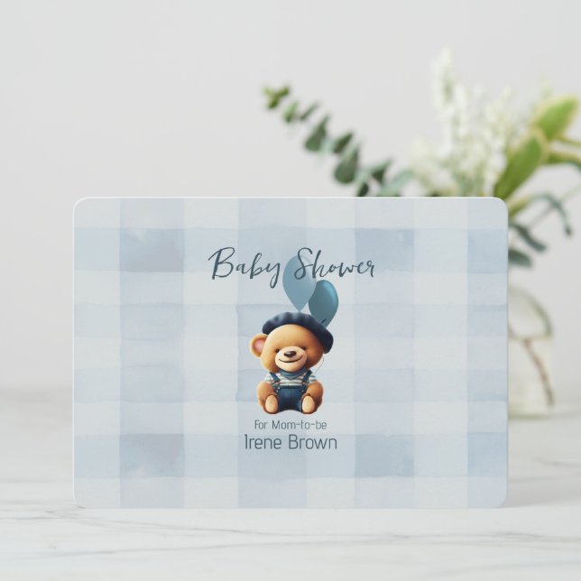 Teddy Bear Jean Baby shower Blue Invitation (Debout devant)