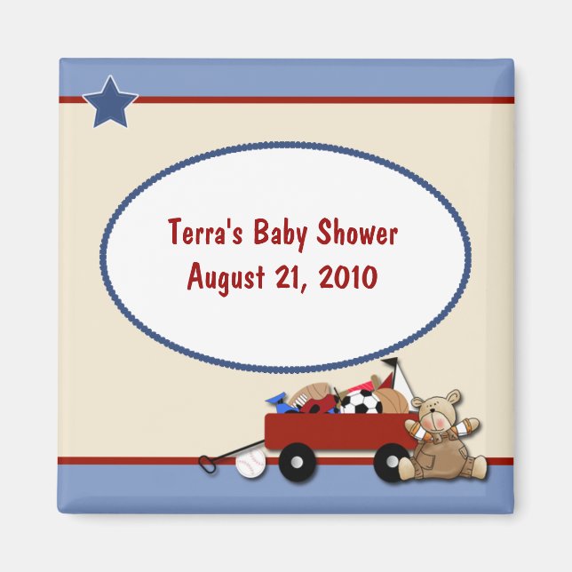 Teddy Bear Little Red Wagon Magnet Baby shower (Devant)