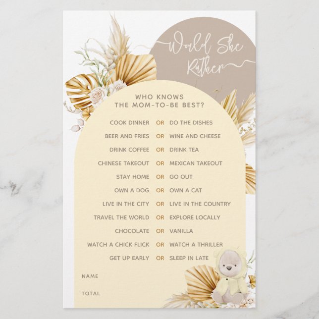 Teddy Bear Modern Boho Girl jeu Baby shower (Devant)