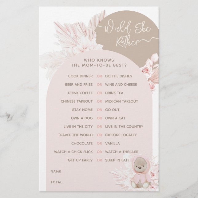 Teddy Bear Modern Boho Girl jeu Baby shower (Devant)