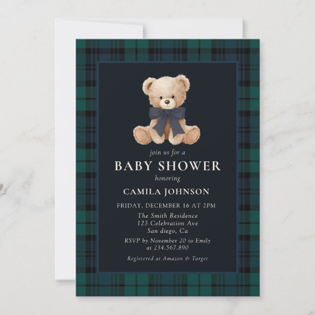 Teddy Bear Navy Plaid Baby Shower Invitation (Devant)