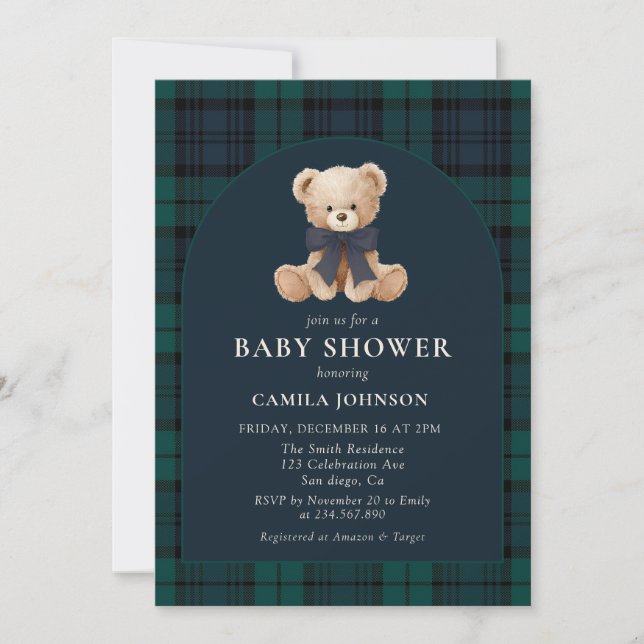 Teddy Bear Navy Plaid Baby Shower Invitation (Devant)