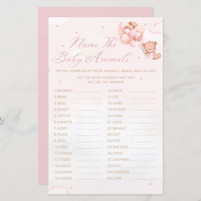 Teddy Bear Nom du Baby shower animal bébé Jeu (Devant / Derrière)