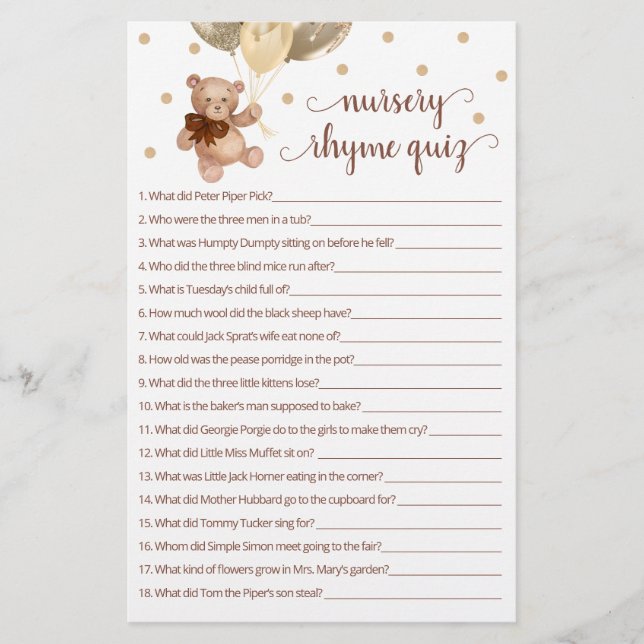 Teddy Bear Nursery Rhyme Quiz Jeu (Devant)