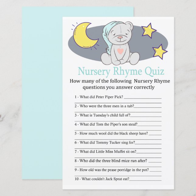 Teddy bear Nursery Rhyme Quiz jeu de baby shower (Devant / Derrière)