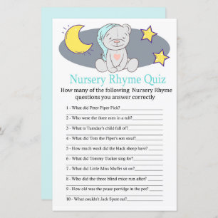 Teddy bear Nursery Rhyme Quiz jeu de baby shower