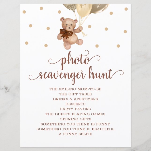 Teddy Bear Photo Scavenger Baby shower Jeu (Devant)