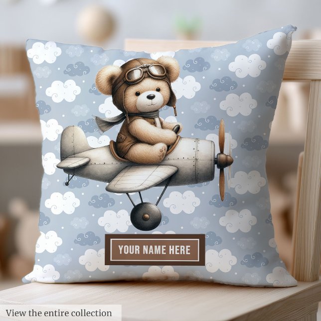Teddy Bear Pilot Baby Coussin Personnalisé Nouveau (Teddy Bear Pilot Baby Pillow Personalized for Newborn)