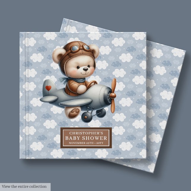 Teddy Bear Pilote Baby shower d'invité Livre bleu  (Teddy Bear Pilot Baby Shower Guest Book Blue Theme)