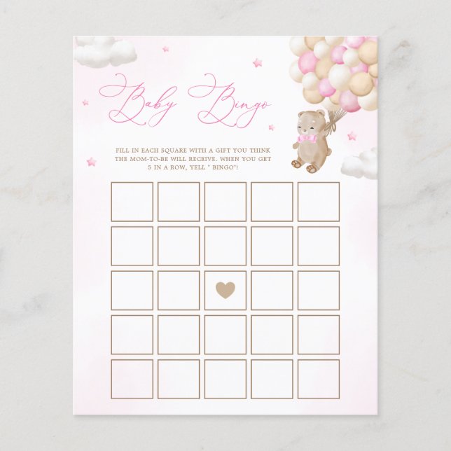 Teddy Bear Pink Baby shower Bingo Jeu (Devant)