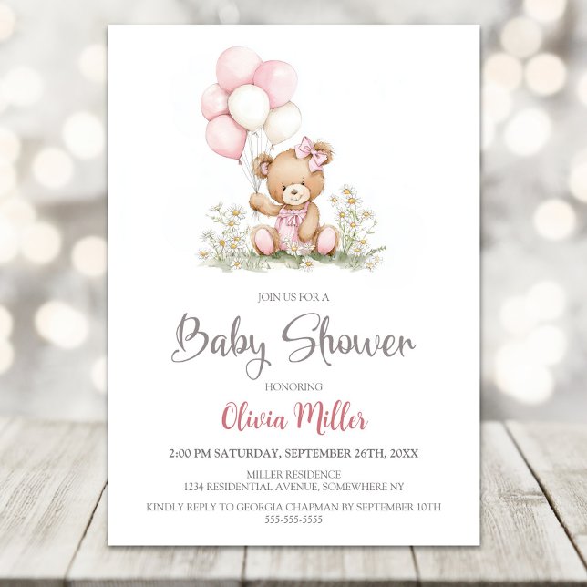 Teddy Bear Pink Balloons Baby Shower Invitation (Créateur téléchargé)