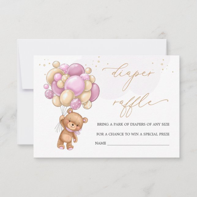 Teddy Bear Pink Balloons Diaper Raffle Invitation (Devant)