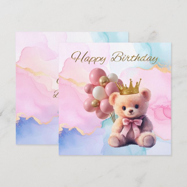 Teddy Bear Pink Bow Gold Crown Joyeux anniversaire (Devant / Derrière)