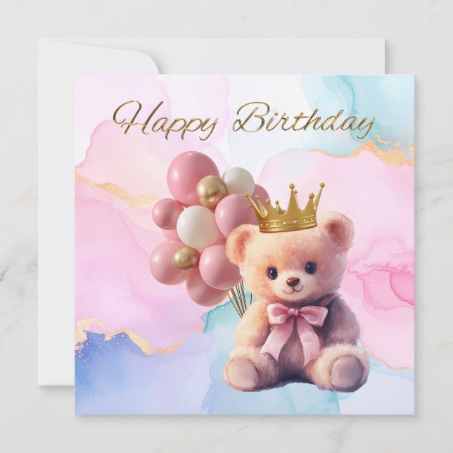 Teddy Bear Pink Bow Gold Crown Joyeux anniversaire (Devant)