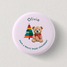 Teddy Bear Pink Holiday Badge Joyeux Noël