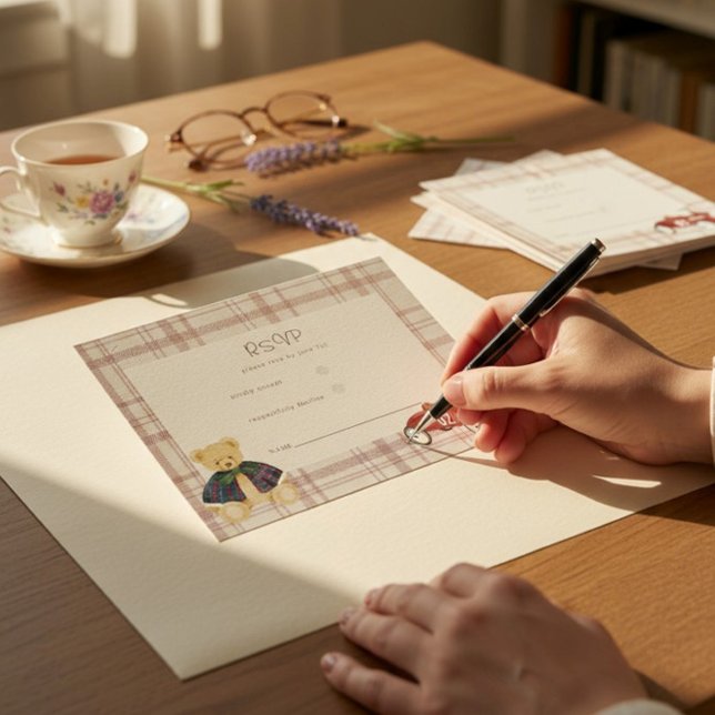 Teddy Bear Race Car Plaid Baby Shower RSVP Card (Créateur téléchargé)