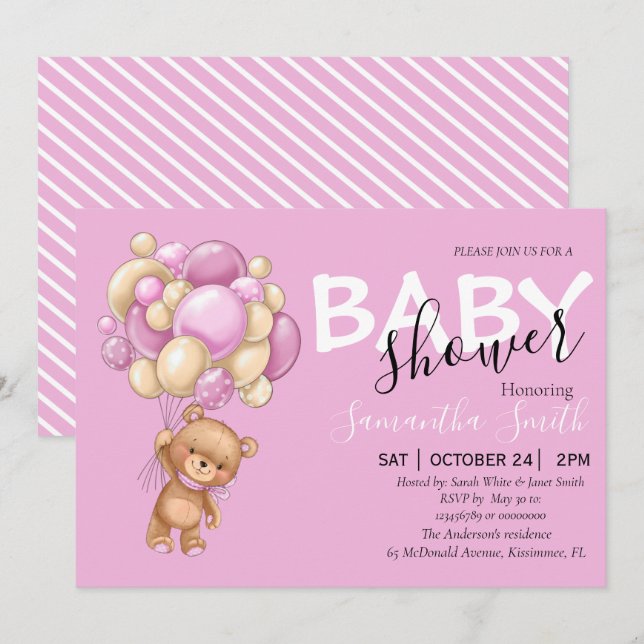 Teddy Bear Rose Girl Invitations (Devant / Derrière)