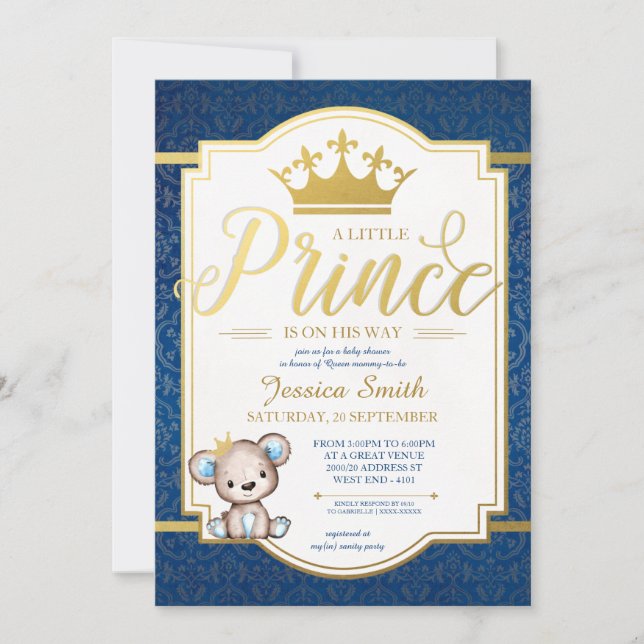 Teddy Bear Royal Prince Baby shower Invitation (Devant)