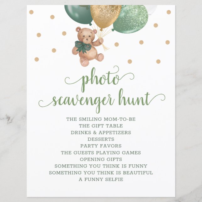 Teddy Bear Sage Green Photo Scavenger Chasse Jeu (Devant)