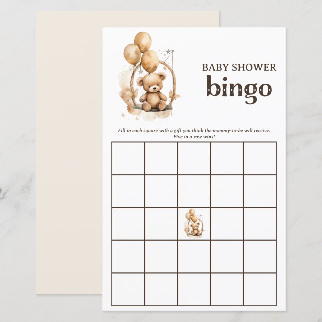 Teddy Bear Sexe Neutre Baby shower Bingo Jeu (Devant / Derrière)