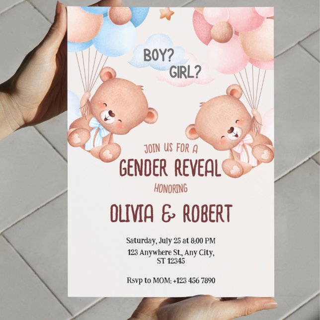 Teddy Bear Sexe Révéler Invitation Ballons (Gender Reveal Invitation Template Teddy Bear Gender Reveal Invitation)
