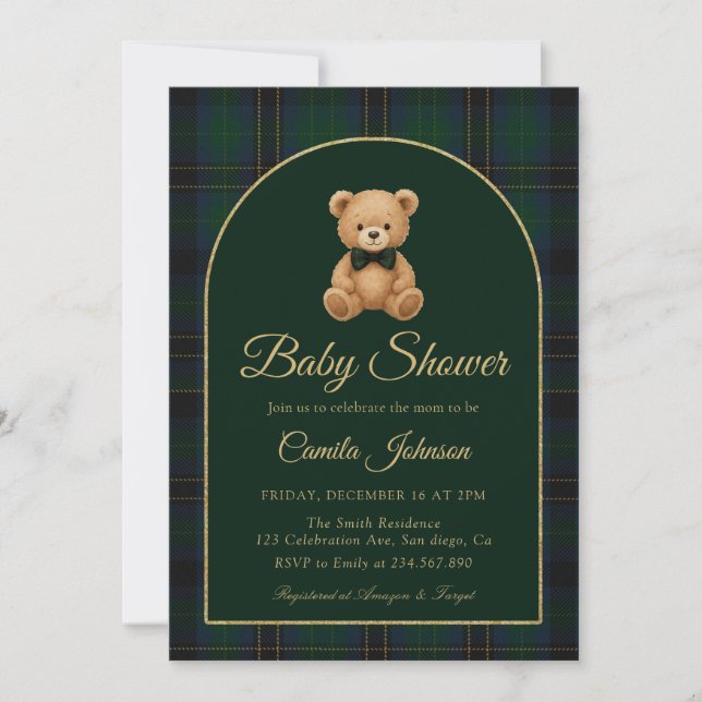 Teddy Bear Tartan Preppy Baby Shower Invitation (Devant)