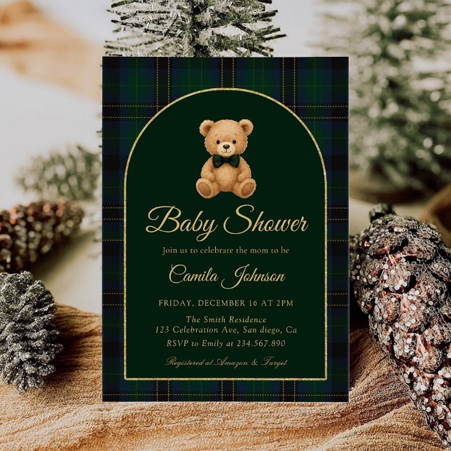 Teddy Bear Tartan Preppy Baby Shower Invitation (Créateur téléchargé)