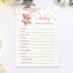 Teddy Bear Word Scramble Baby shower Carte de jeu