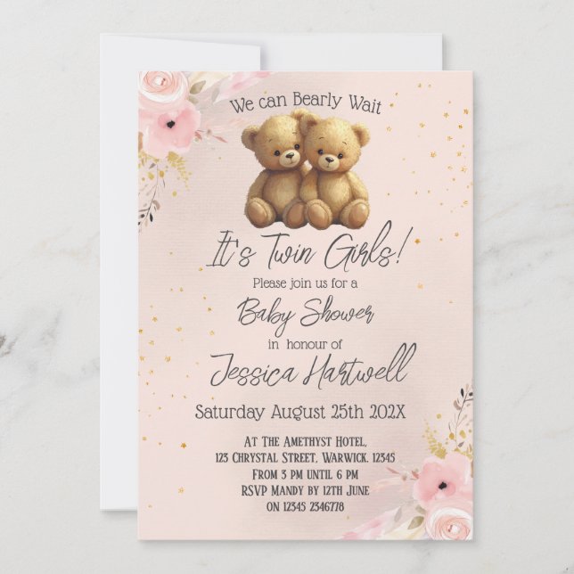 Teddy Bears Twin Girls Baby Shower Invitation (Devant)