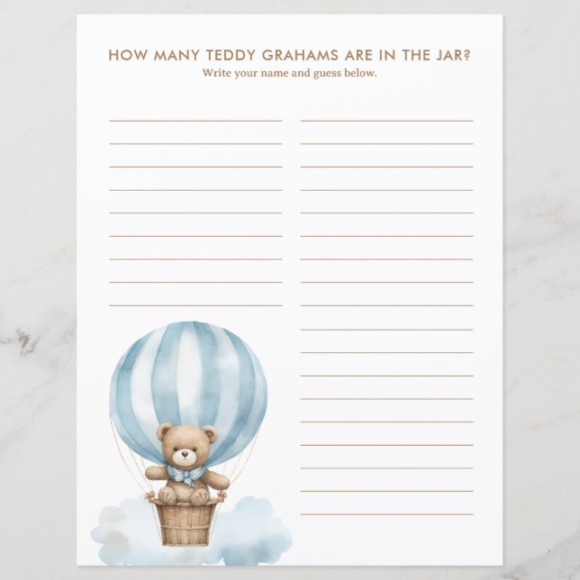 Teddy Graham Guess Game Baby Shower Answer Sheet (Devant)