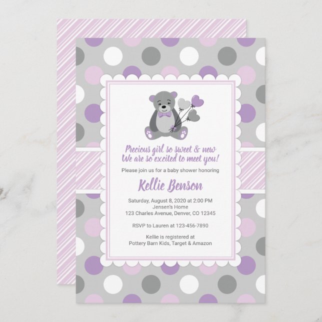 Teddy ours baby shower invitation violet gris (Devant / Derrière)
