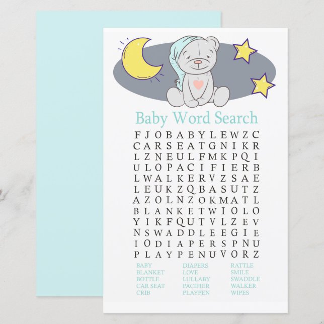 Teddy ours Baby shower Mot de recherche Jeu (Devant / Derrière)