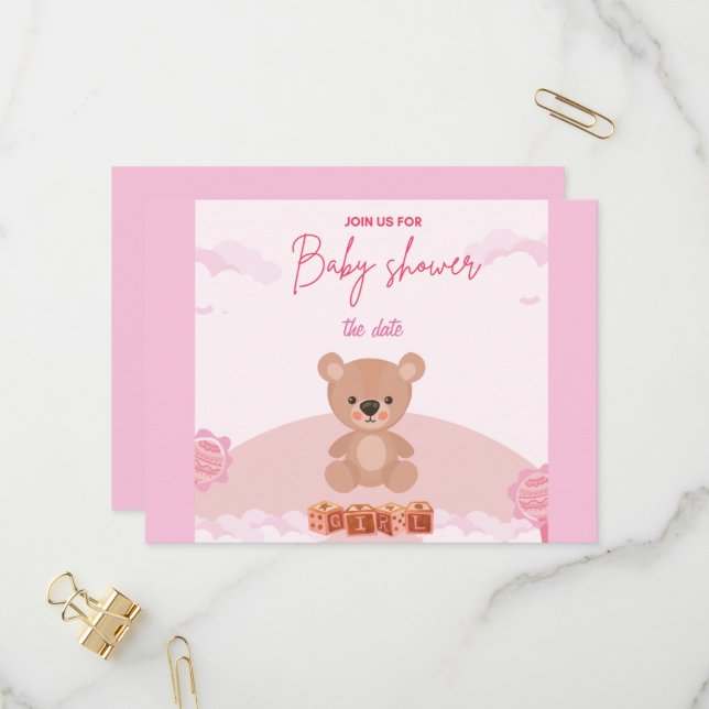 Teddy Pink Bear Girl attente invitation baby showe (Devant/Arrière en situation)