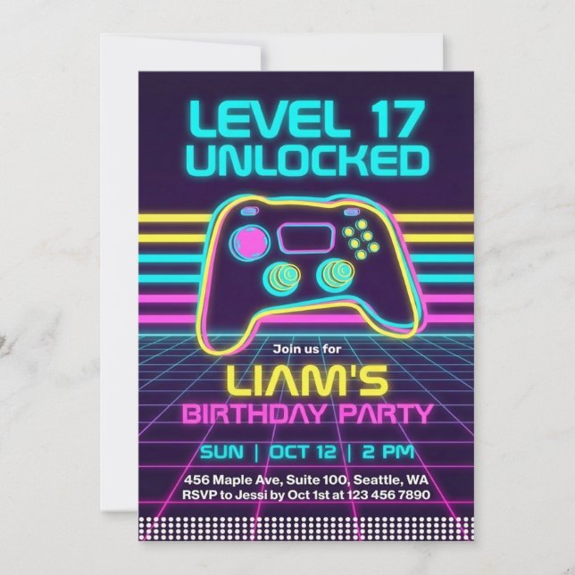 Teen Retro Neon Gamer Birthday Invitation for Boys (Devant)