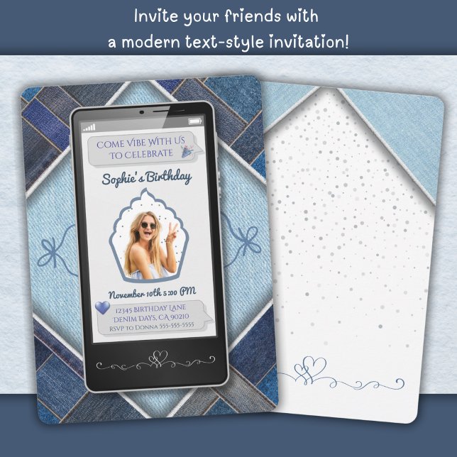 Téléphone portable Blue Denim tendance Invitation  (Trendy Blue Denim Cell Phone Birthday Invitation)