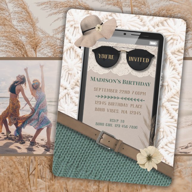 Téléphone portable Boho moderne Invitation d'anniv (Modern Boho Cell Phone Birthday Invitation)
