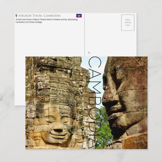 Temple de Bayon, Cambodge Carte Postale de Voyage (Devant / Derrière)