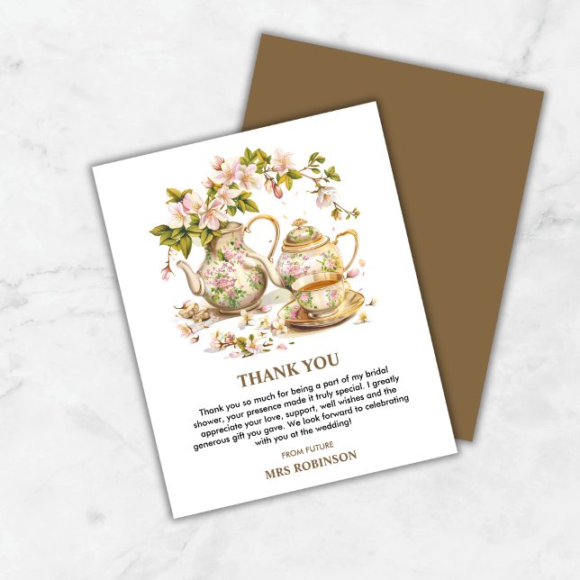 Temps floral pour la Carte de remerciements de Fêt (Floral Teapot Time for Tea Bridal Shower Thank You Card )
