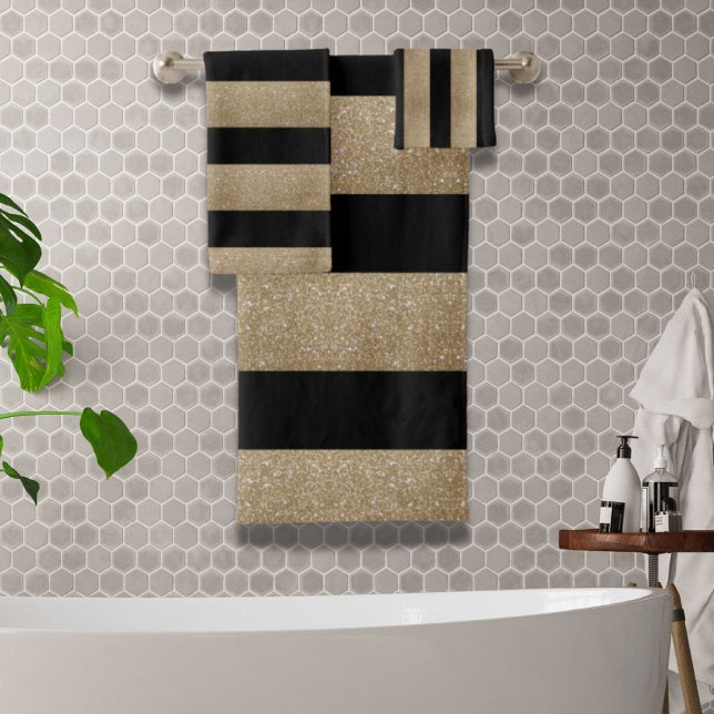 tendance géométrique et design rayures noir et or (trendy stylish geometric black and gold stripes bath towel set)