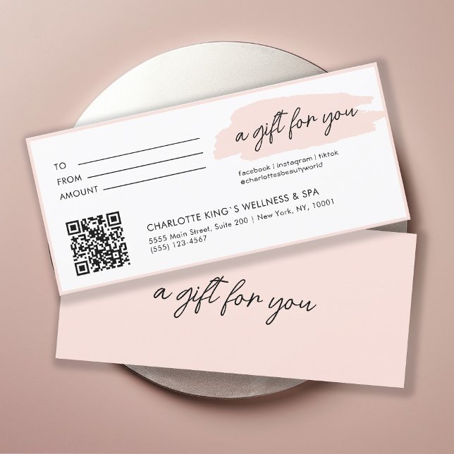 tendance, moderne, écriture manuscrite, avec code  (Personalized, trendy, modern, handwriting, with qr-code, pink gift certificate.)