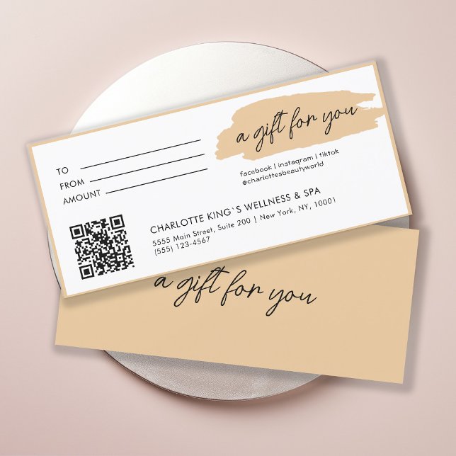 tendance, moderne, écriture manuscrite, avec code  (Personalized, trendy, modern, handwriting, with qr-code, beige gift certificate.)